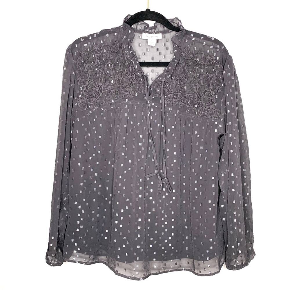 Calligraphie dark ash gray long sleeve blouse lace panel women’s size large